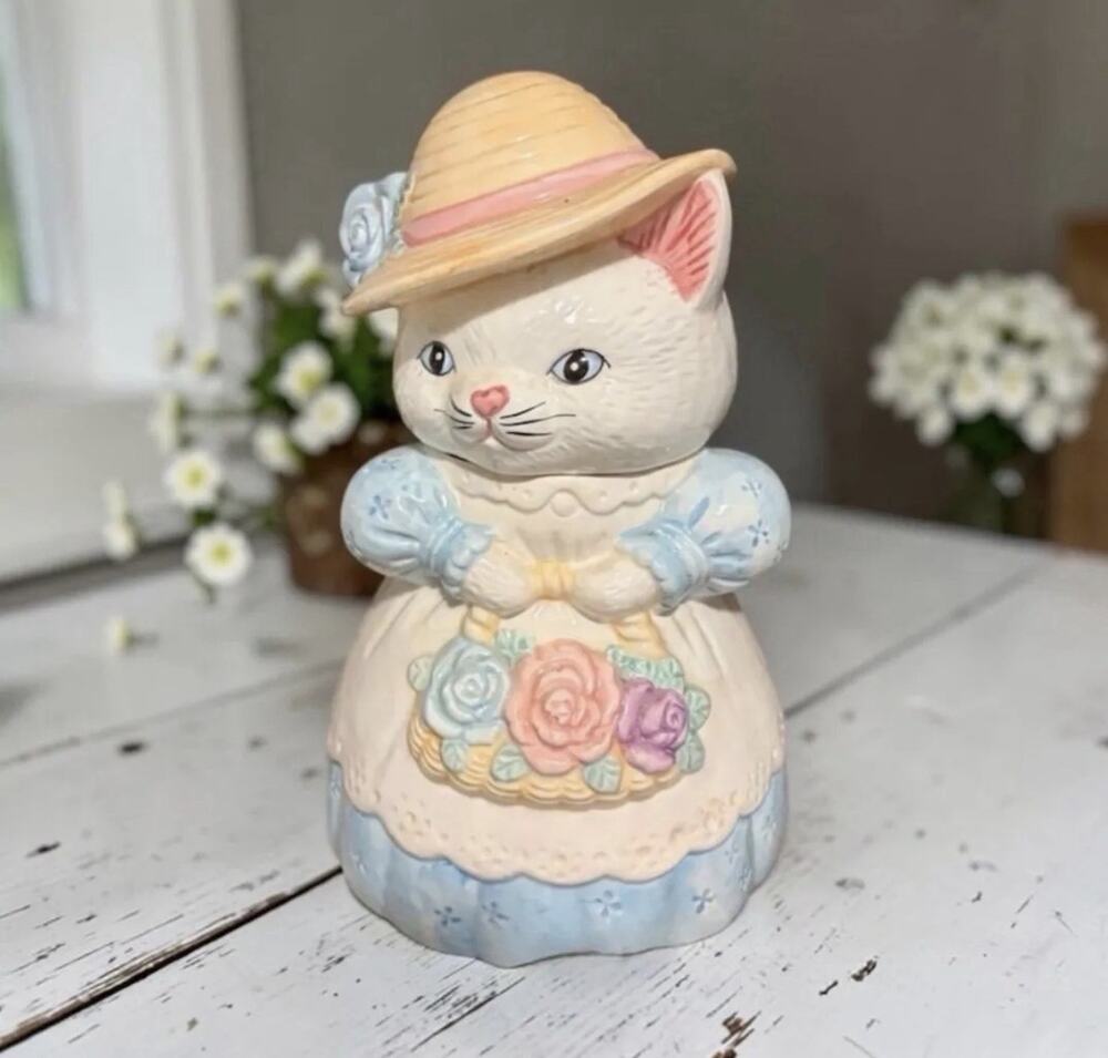 Cat Cookie Jar Vintage Victorian Mama Grandma Ceramic Albert Price Country Hat
